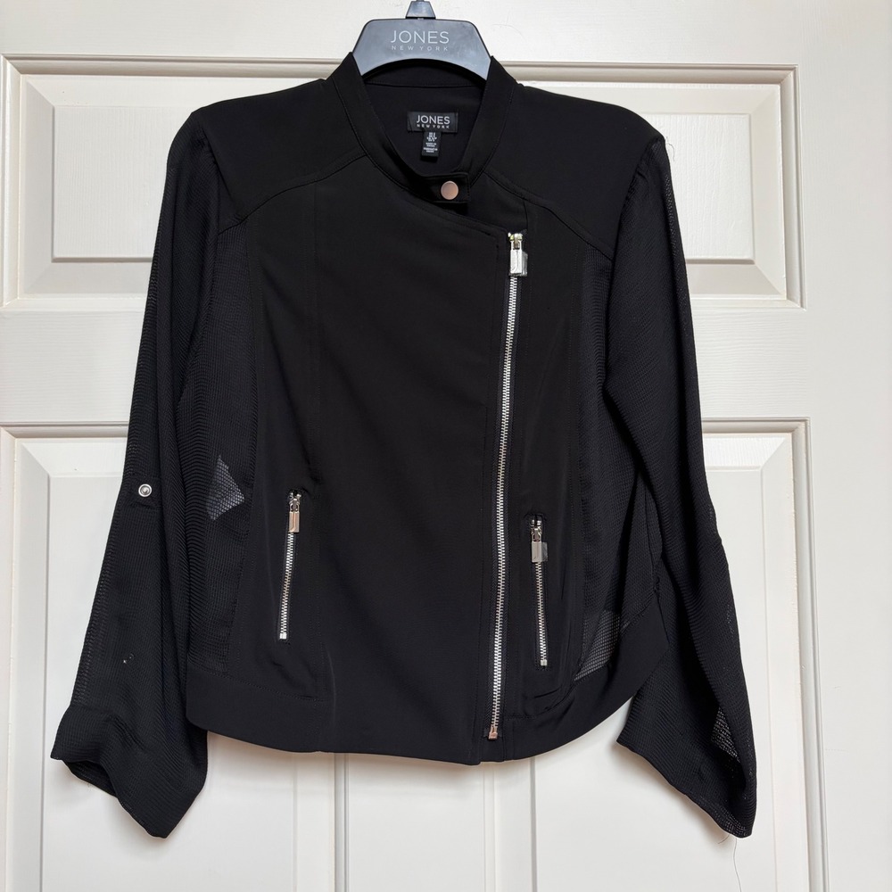 Jones New York Black Mesh Moto Jacket Womens Small Utility Sheer Silver Zip Glam